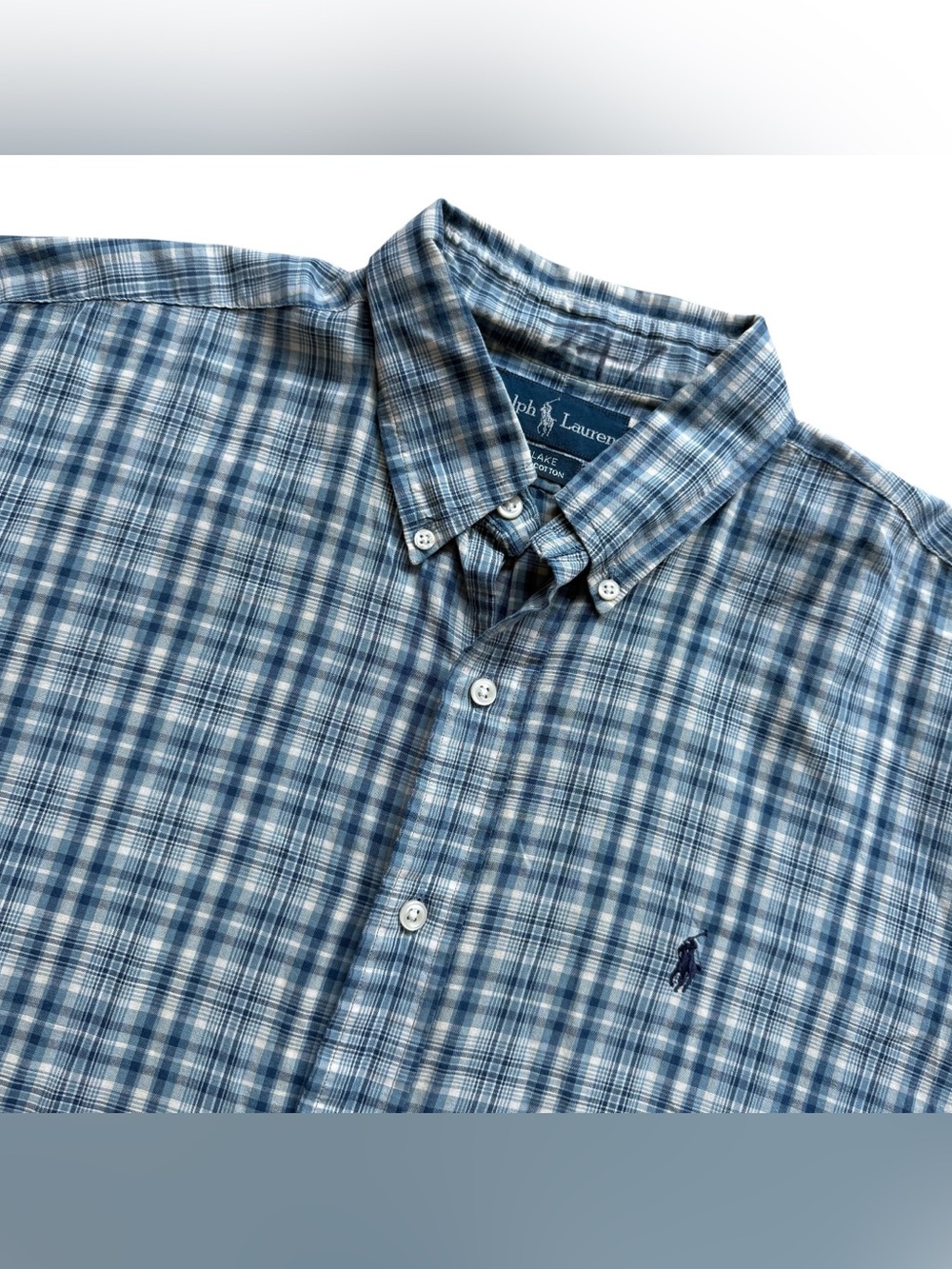 Ralph Lauren Blake Plaid Button Down Shirt Blue White Short Sleeve Cotton Mens L